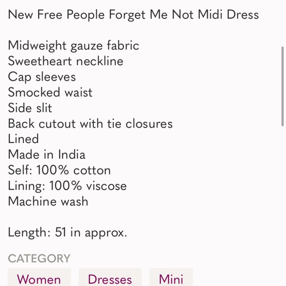 Free People Cotton Lined Gauzy forget me not Open Back Side Slit Midi EUC DRESS - Picture 8 of 8